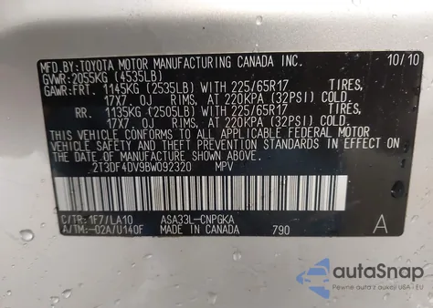 2011 Toyota Rav4 Limited from USA, damaged, VIN 2T3DF4DV9BW092320